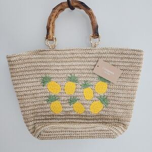 D'Margeaux Pineapple Bucket Tote Bamboo Habdles, Embroidered Pineapples, Straw